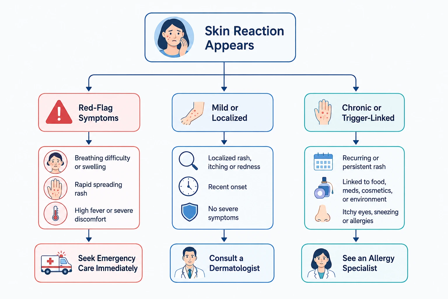 Flowchart showing when a skin reaction needs emergency care, dermatology care, or allergy specialist referral