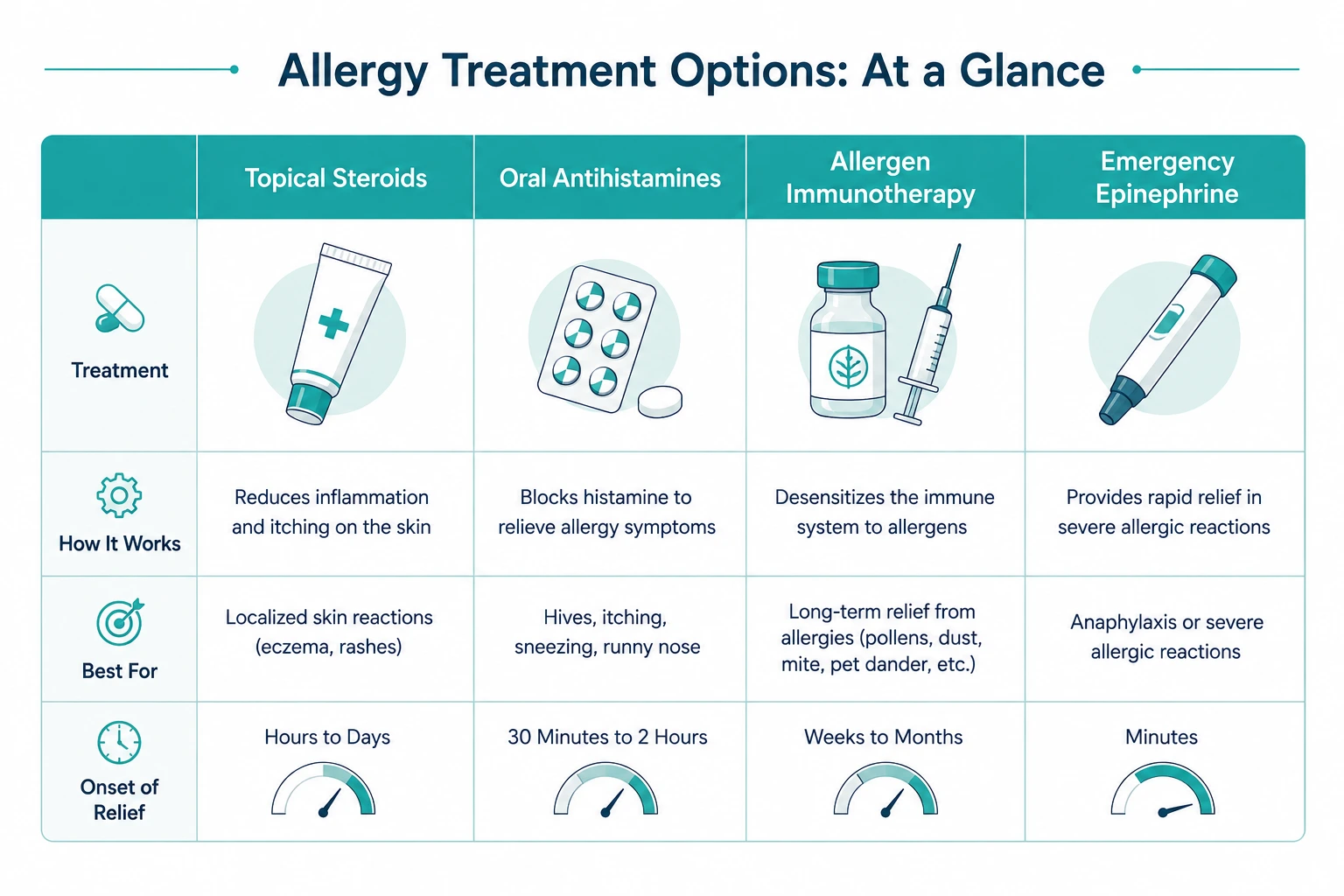 Infographic comparing topical steroids, antihistamines, immunotherapy, and epinephrine for allergy treatment