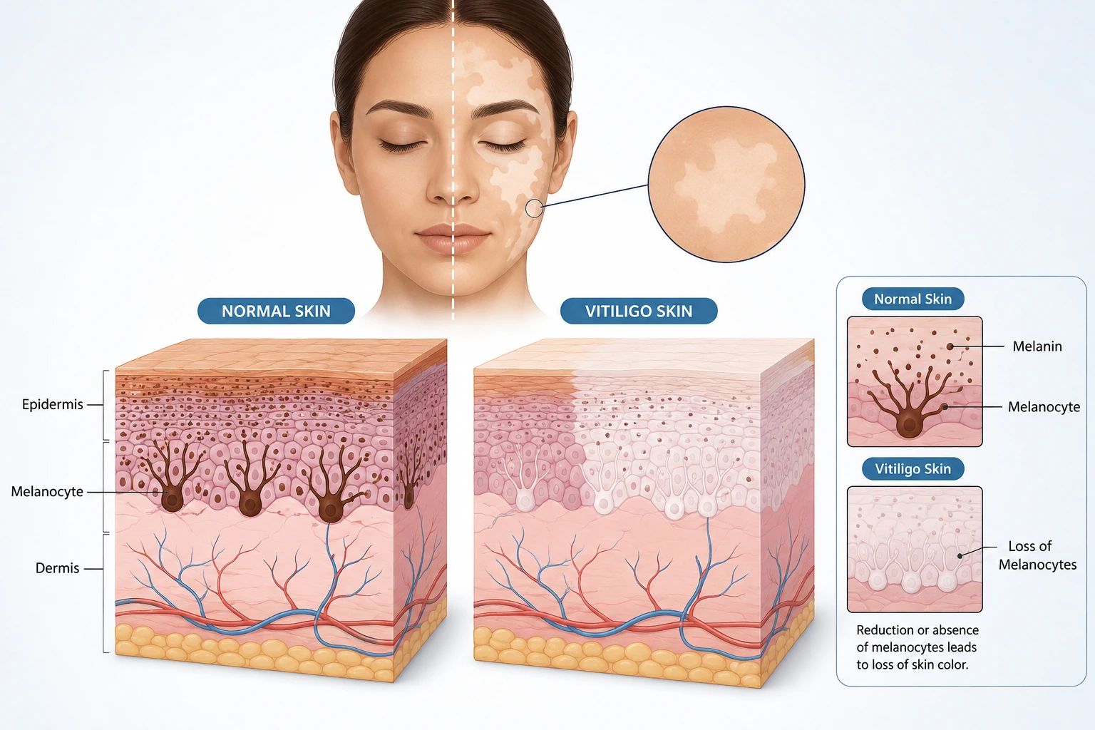 Diagram showing how melanocyte loss causes depigmented patches in vitiligo