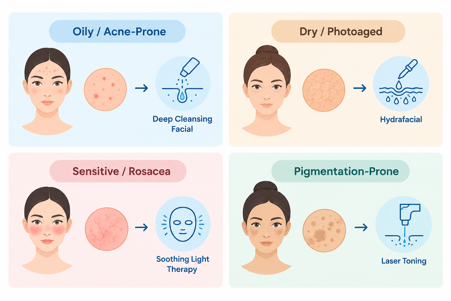 Grid matching four skin types to their recommended facial treatment approach