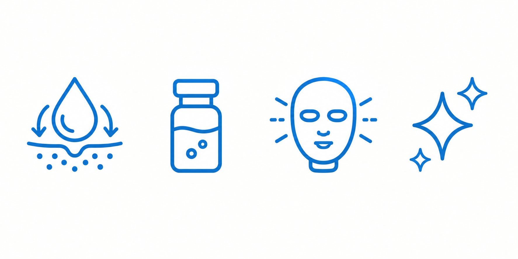 Icon set representing hydrodermabrasion, chemical peel, LED therapy, and carbon peel facial treatments