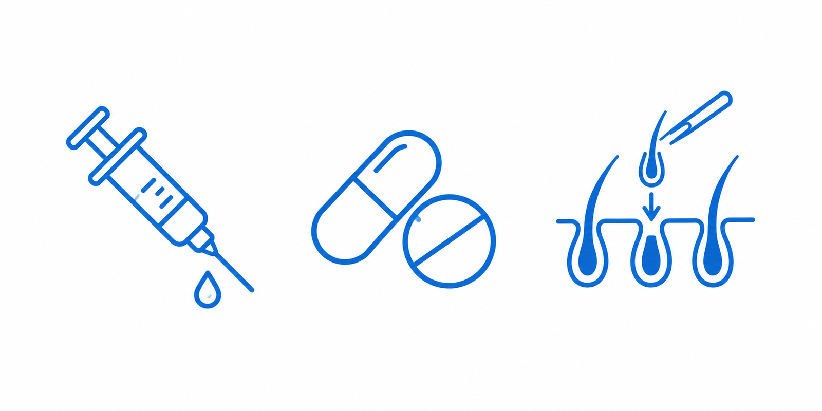 Icon set representing PRP injection, oral medication, and surgical hair transplant therapies