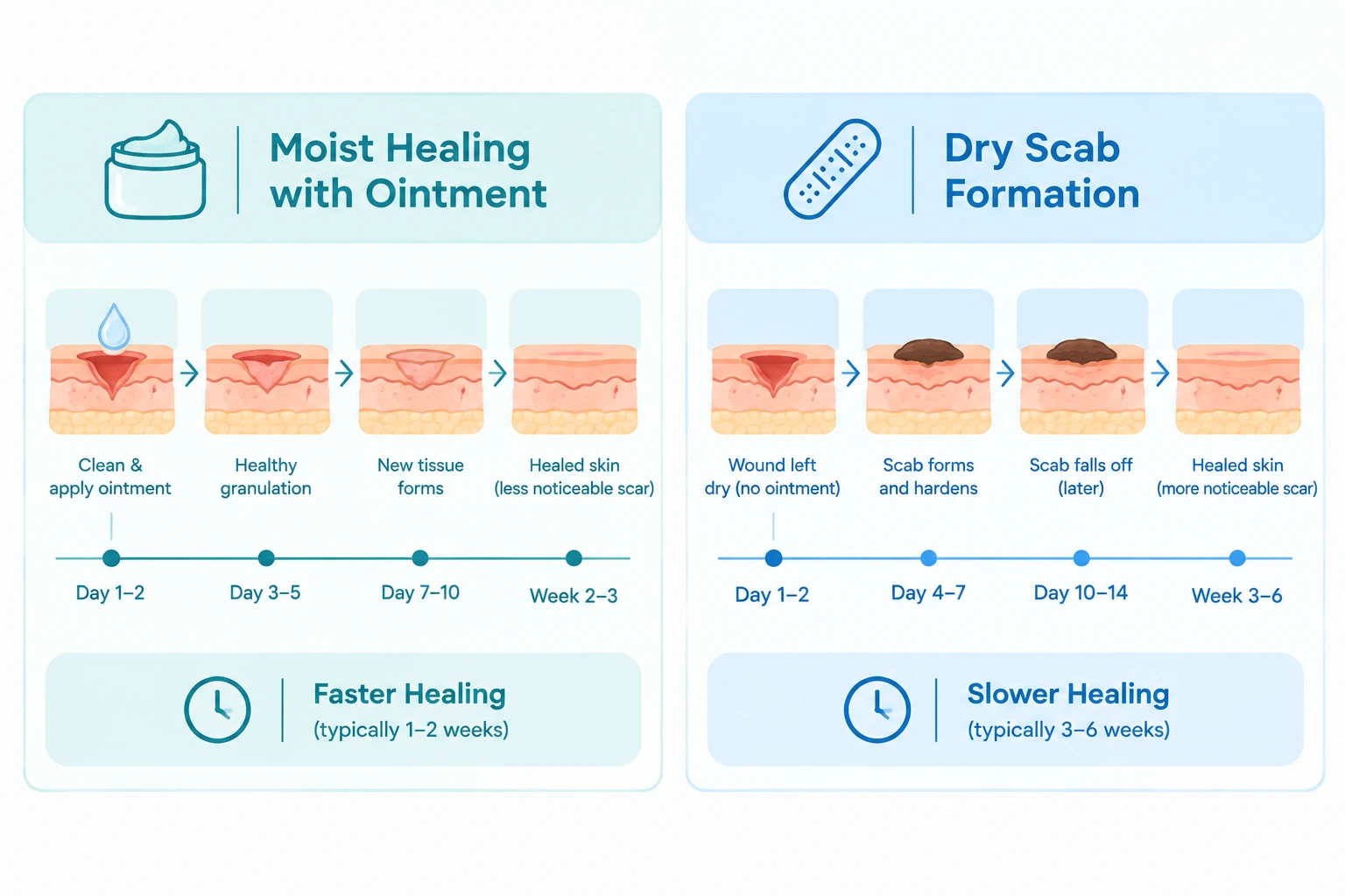 Infographic comparing moist wound healing to dry scab formation and their effect on healing time