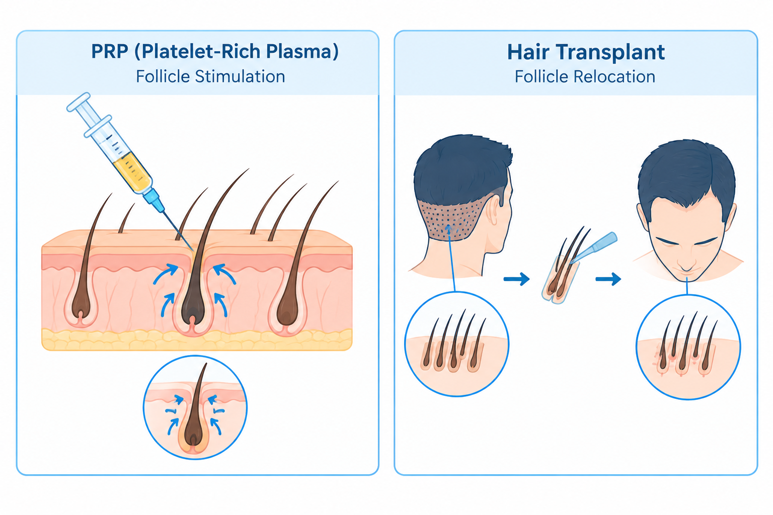 Side-by-side illustration comparing PRP follicle stimulation and hair transplant follicle relocation