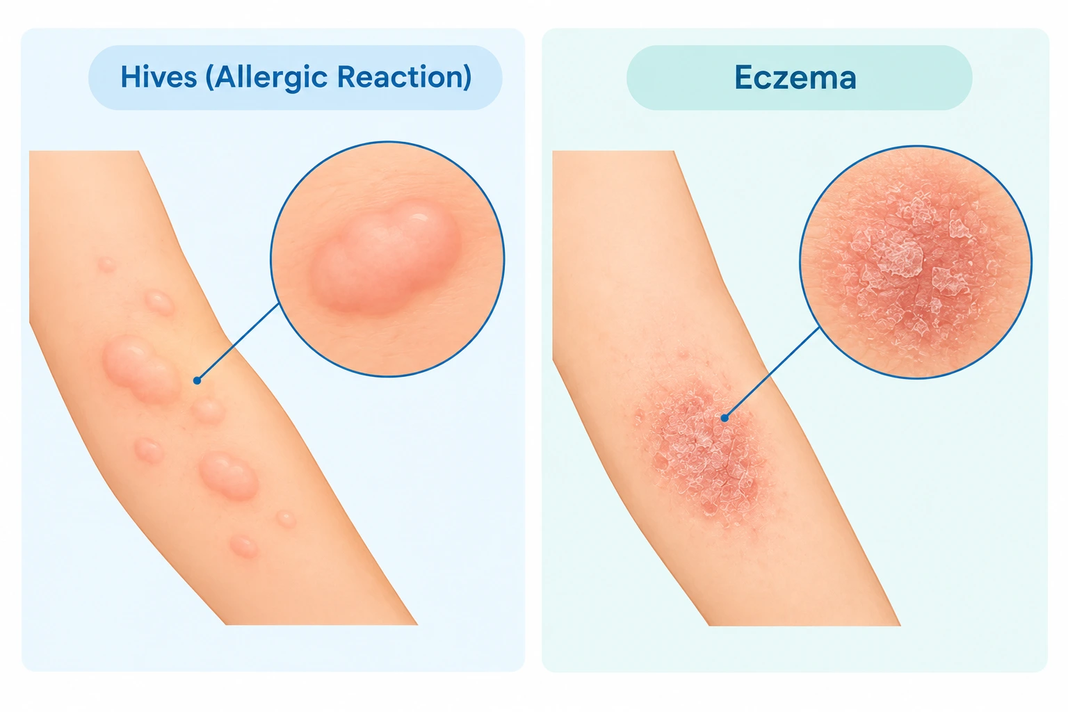 Side-by-side illustration comparing a smooth allergic hive and a scaly eczema patch