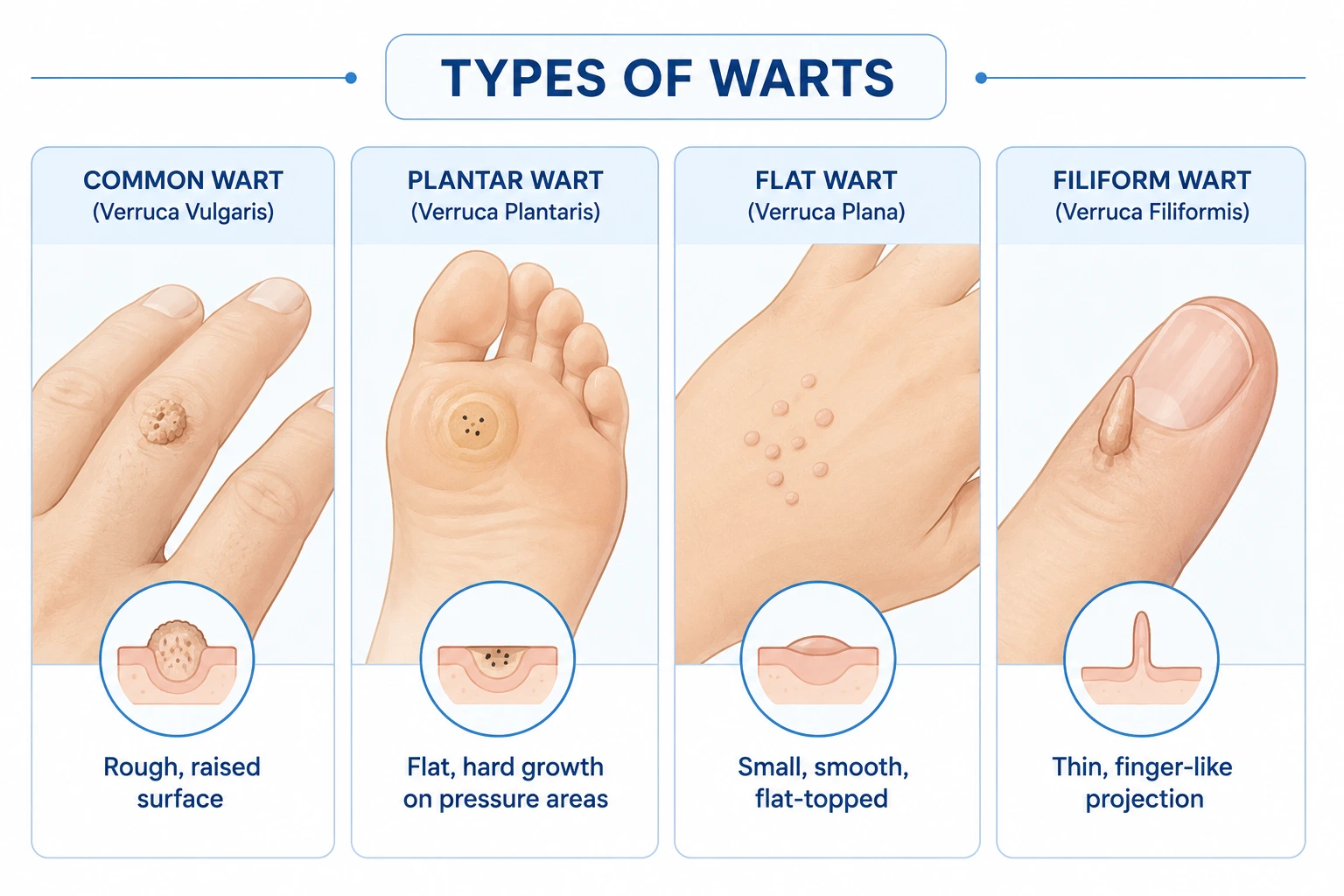 Illustration comparing common, plantar, flat, and filiform wart types