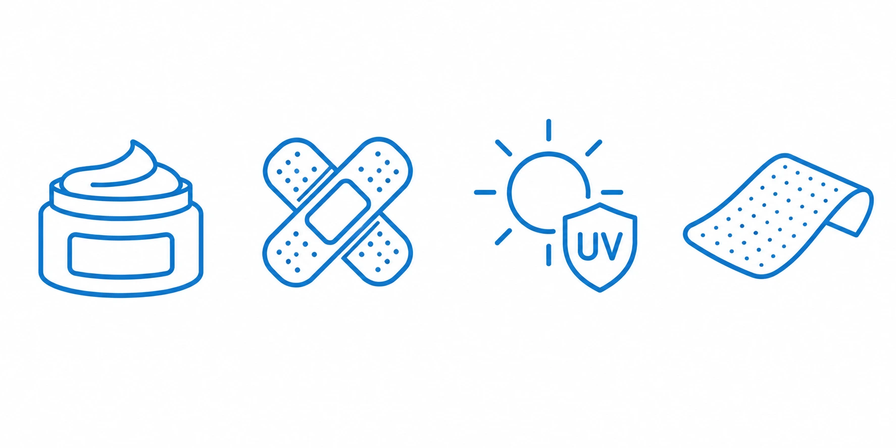 Icon set representing ointment, dressing, sunscreen, and silicone sheet aftercare products