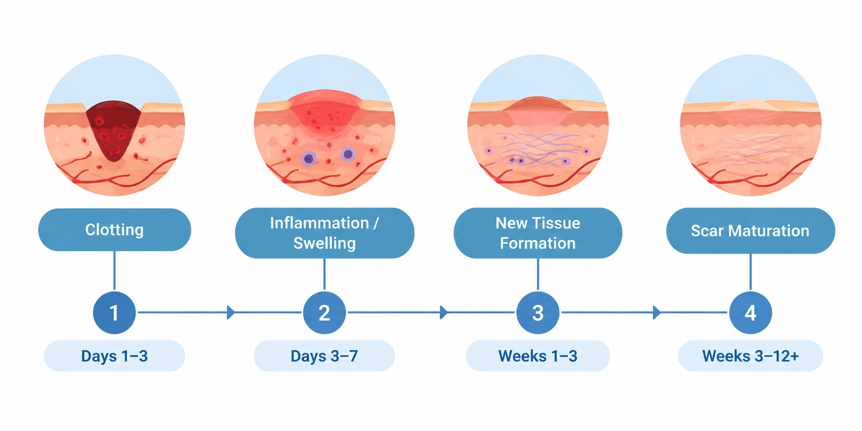 Timeline illustration showing the four stages of skin healing after minor surgery
