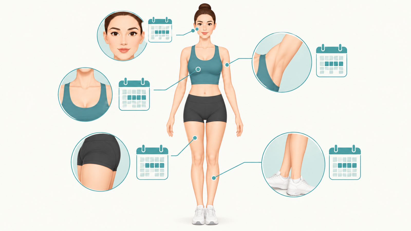 Illustration of body areas with different gaps between laser hair reduction sessions