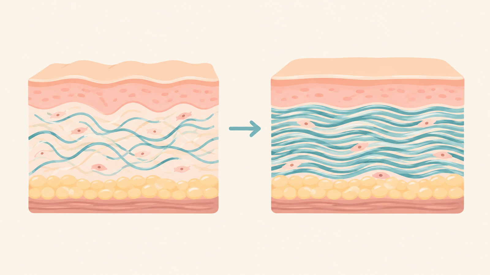 Illustration of skin collagen becoming denser and better organised after a vampire facial series