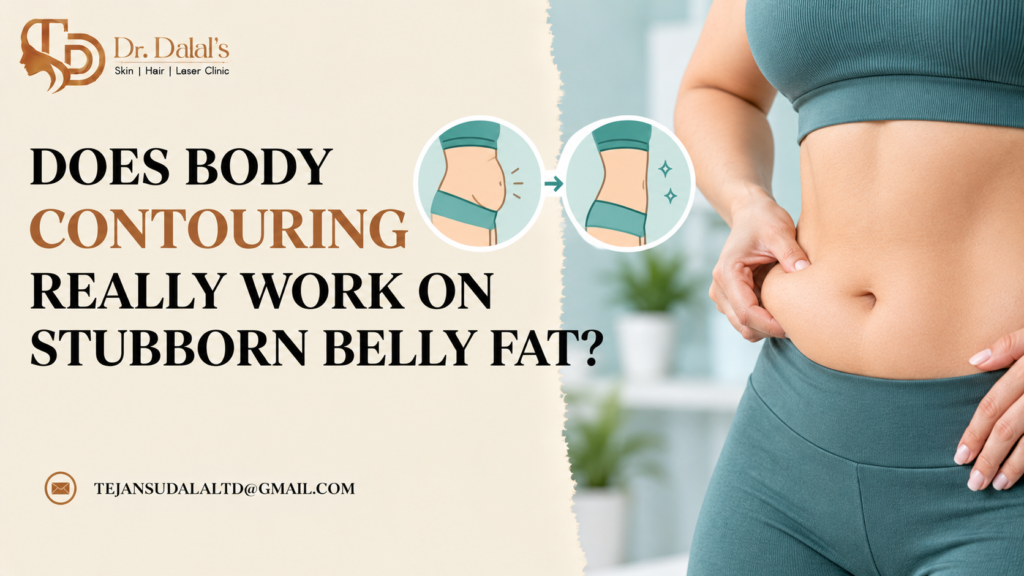 Dermatologist assessing a patient’s lower belly fat before body contouring treatment