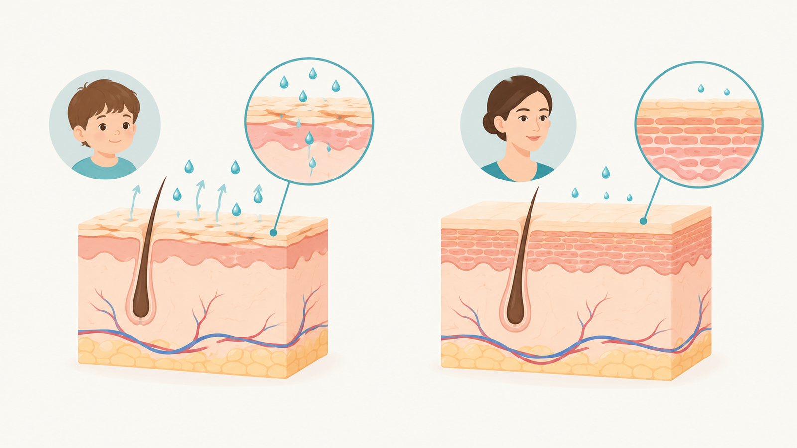 Illustration comparing thin child skin with thicker adult skin to show why children's skin is more sensitive