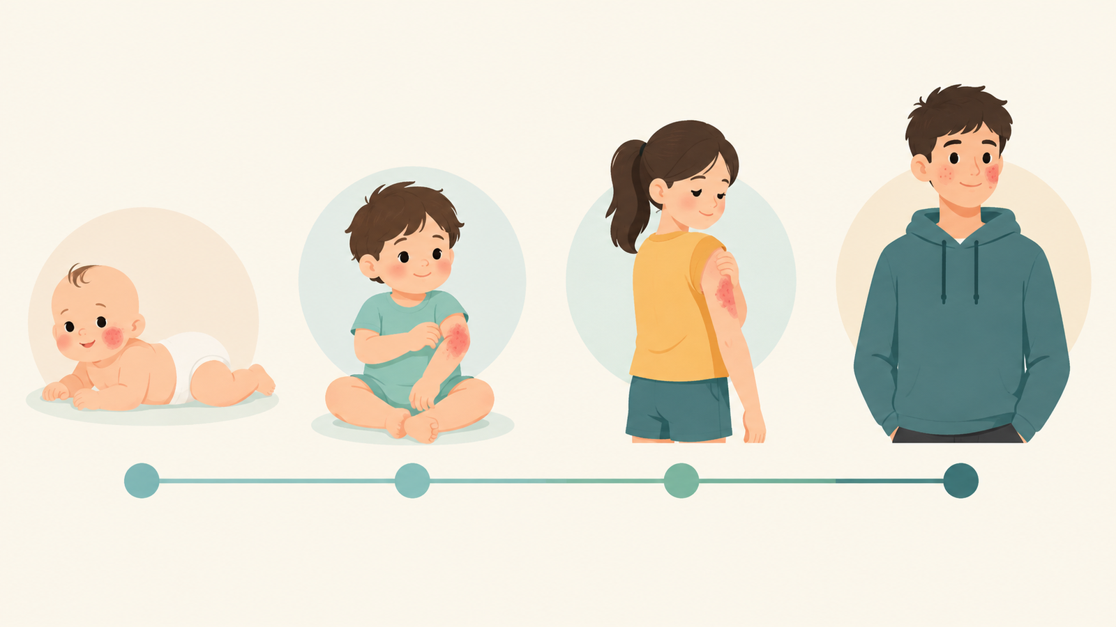 Timeline illustration showing how common skin rashes change from newborn to teenage years