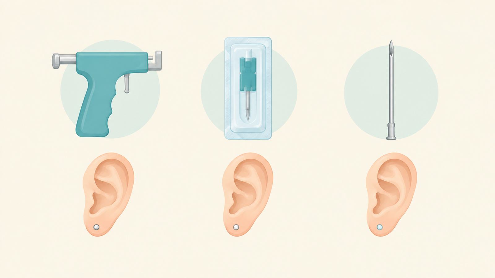 Illustration comparing a piercing gun, a sterile cassette and a hollow needle used for ear piercing