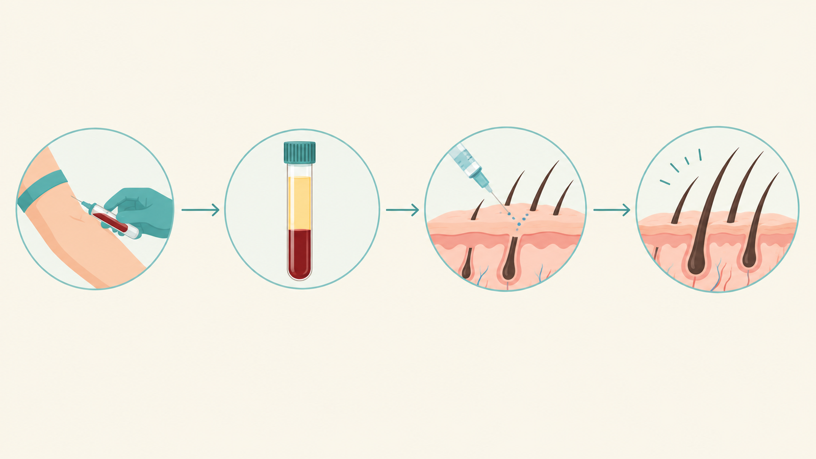 Timeline illustration of the steps in GFC treatment for hair from blood draw to hair growth