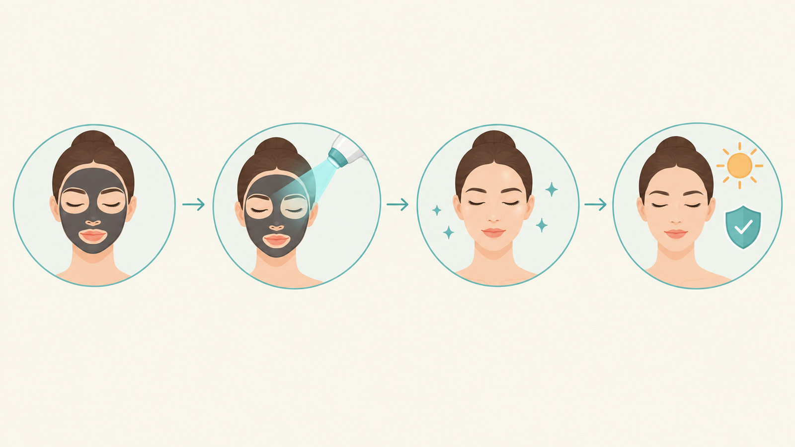 Four step illustration of a carbon peel from carbon layer to laser to clear skin and sun protection