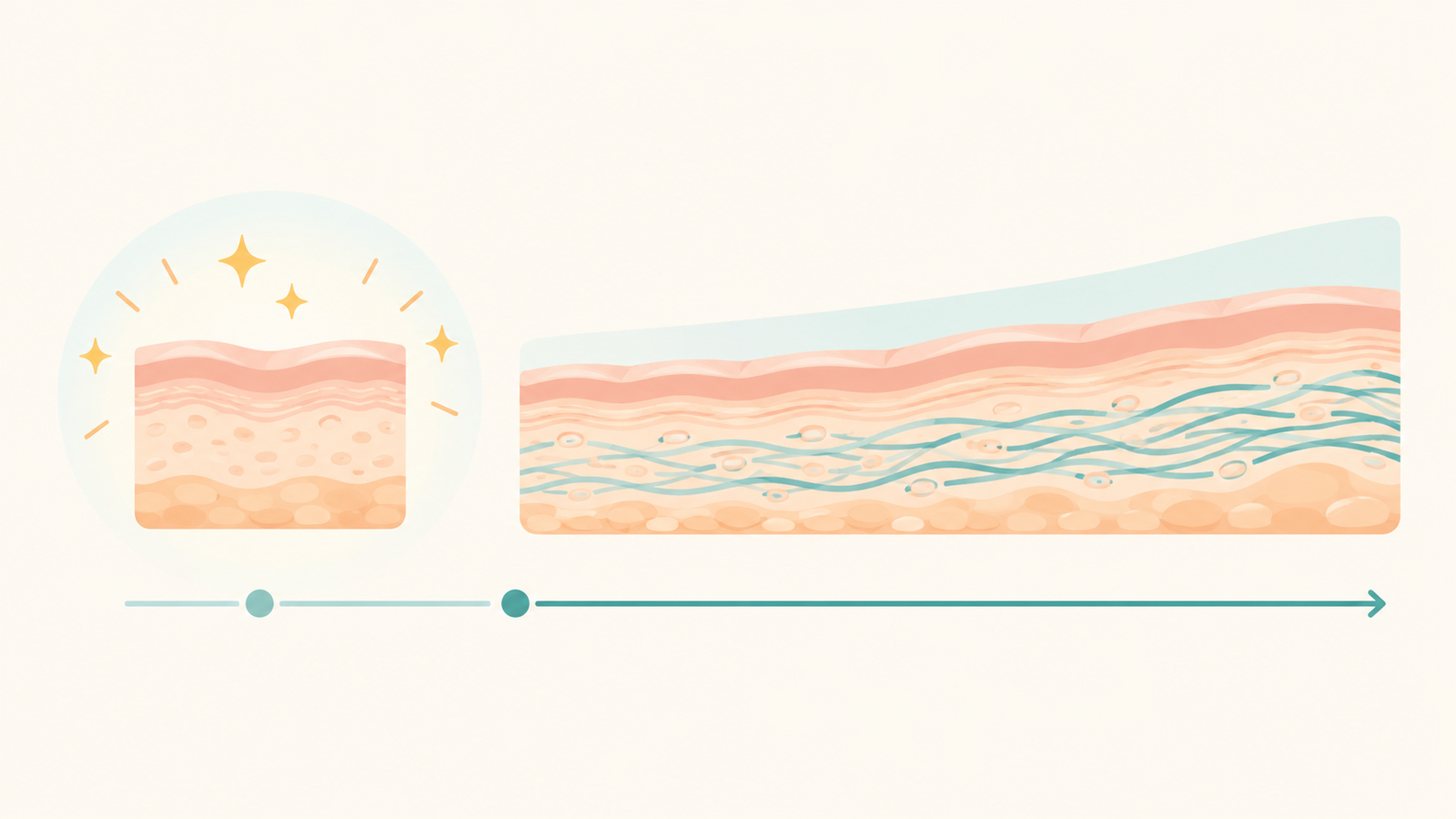 Illustration of the short-lived glow and the slower collagen repair after a vampire facial