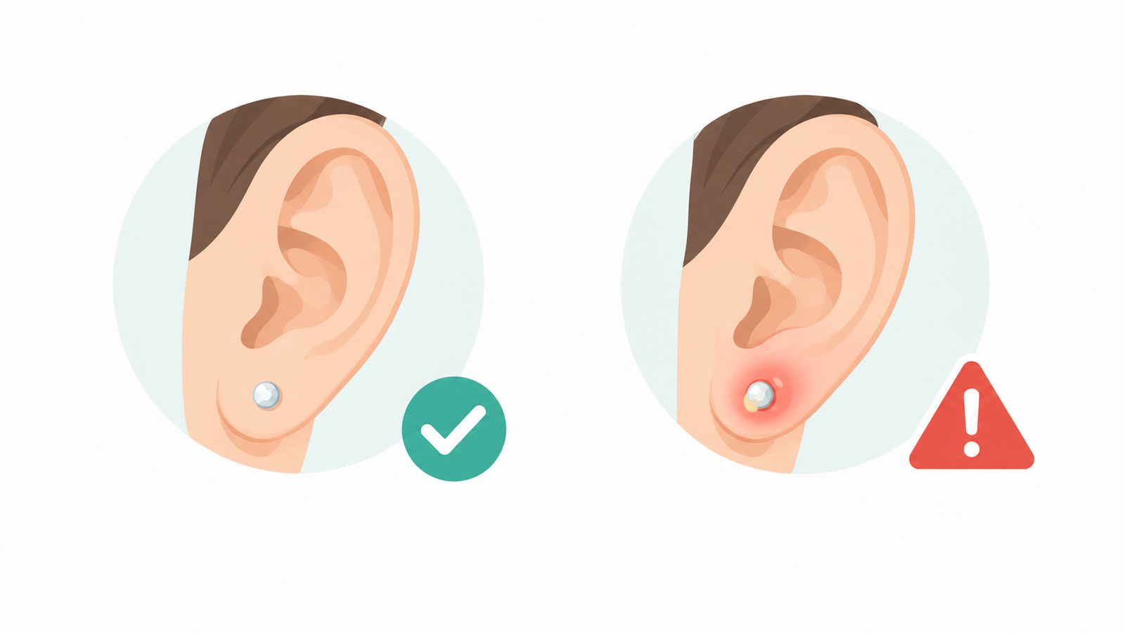 Illustration comparing a normally healing ear piercing with one showing warning signs of infection