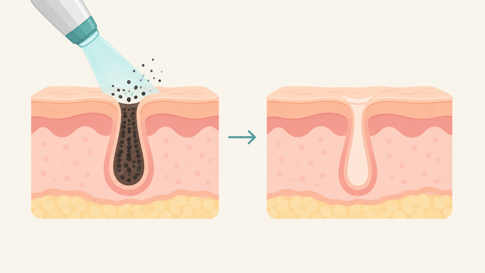 Illustration of a clogged pore before and after a carbon peel