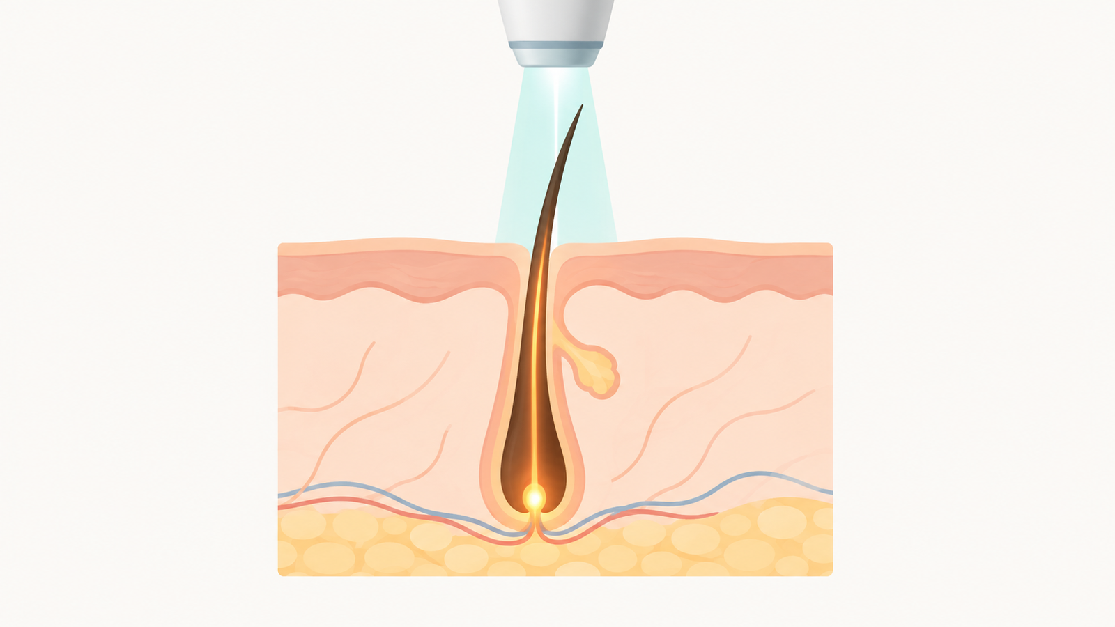Illustration of laser light travelling down a dark hair to its root during laser hair reduction