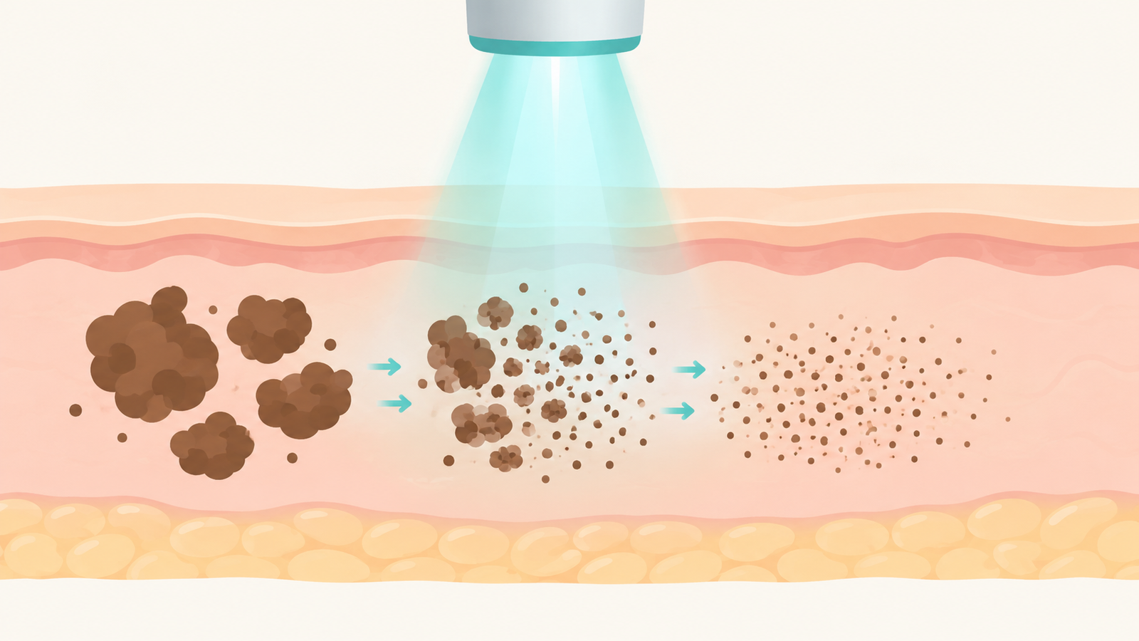 Illustration of laser light breaking large pigment clusters in the skin into tiny fragments during laser toning