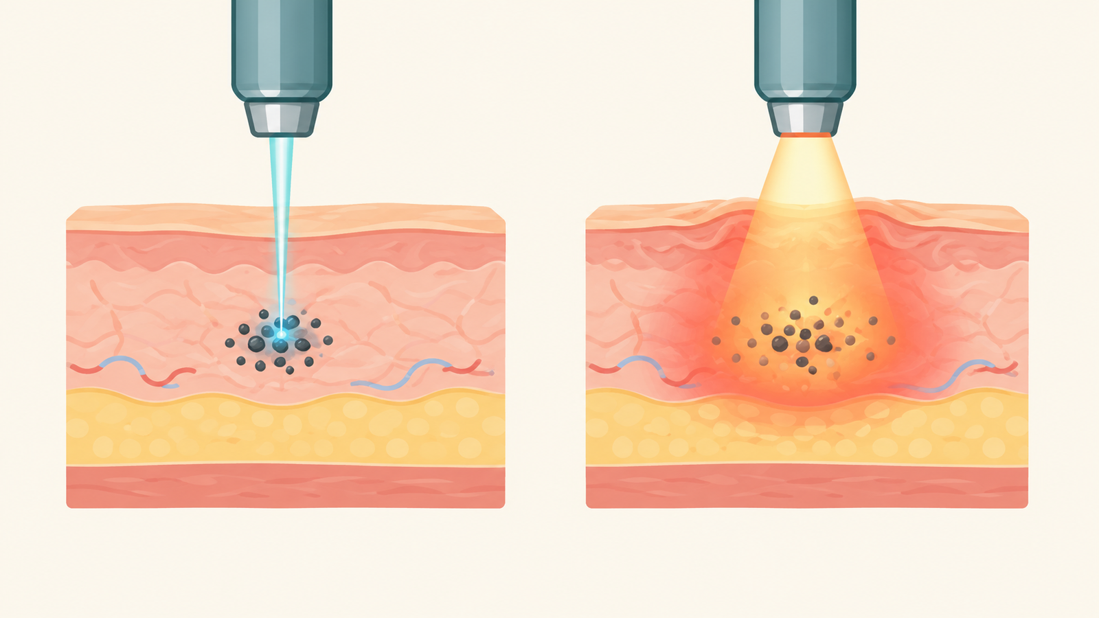 Illustration comparing a controlled laser pulse that targets tattoo ink with excess heat that can injure surrounding skin