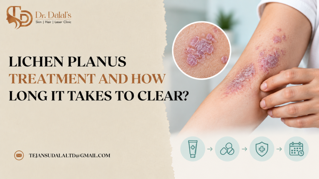 Dermatologist examining flat purple lichen planus bumps on a patient’s wrist