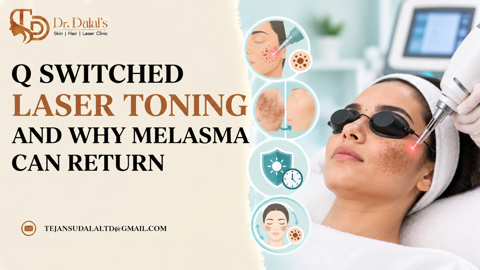 Dermatologist performing a gentle Q switched laser toning session on a woman’s cheeks with eye protection in place