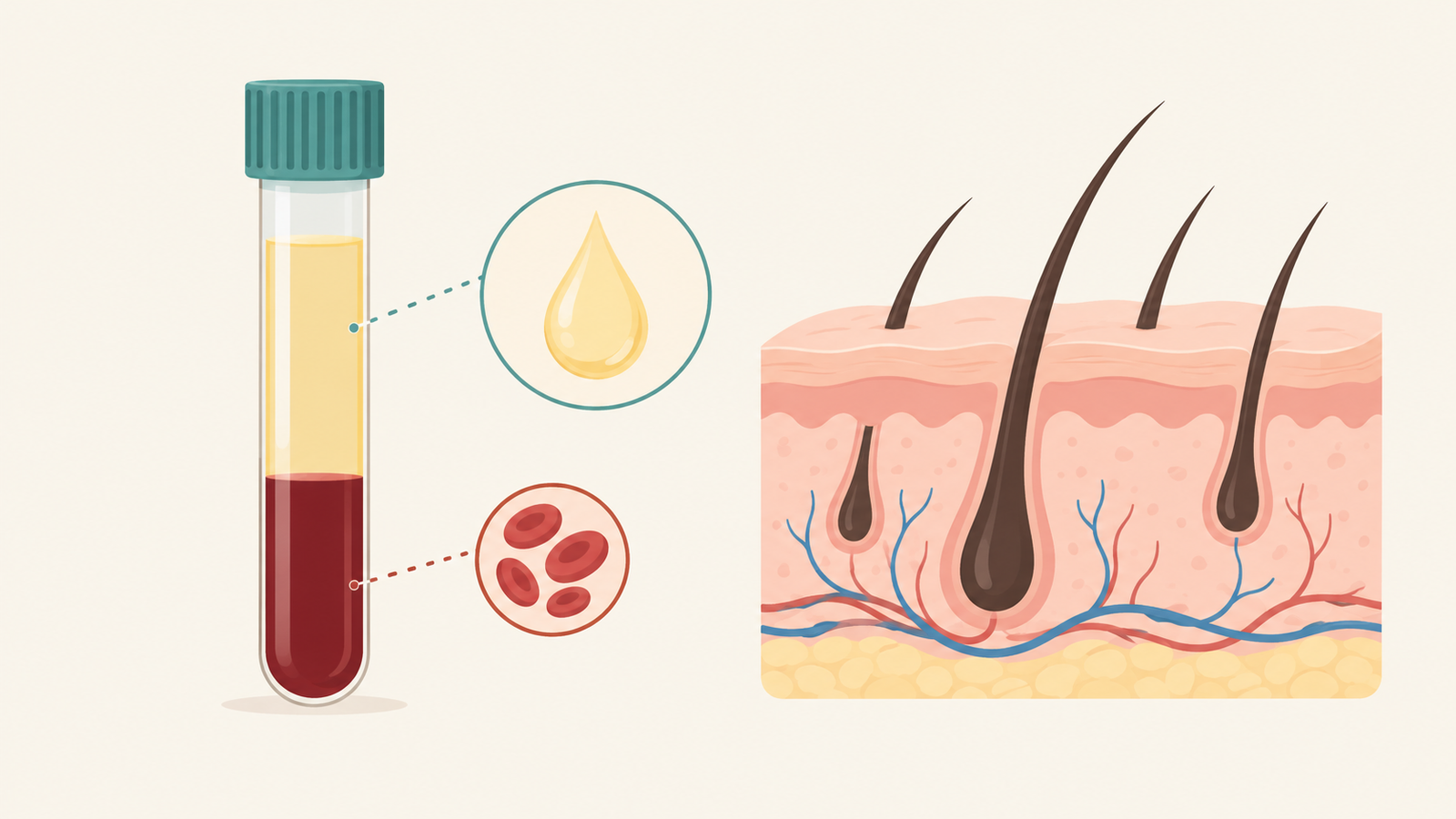 Illustration of a blood tube separated into clear growth factor liquid and blood cells for GFC treatment