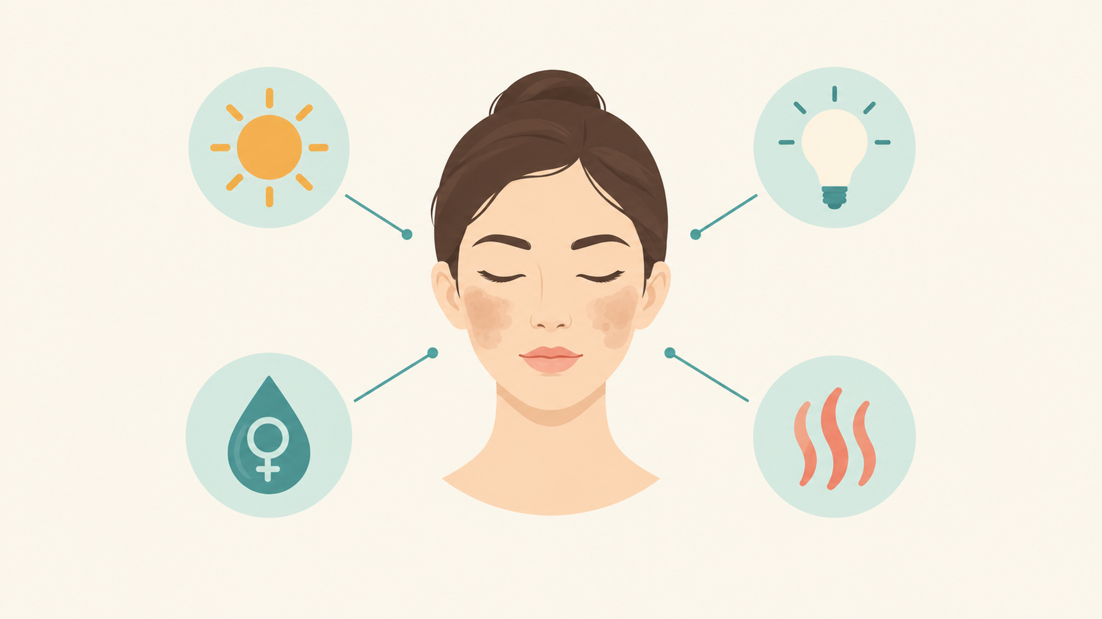 Illustration of common melasma triggers including sun, visible light, hormones and heat around a face outline