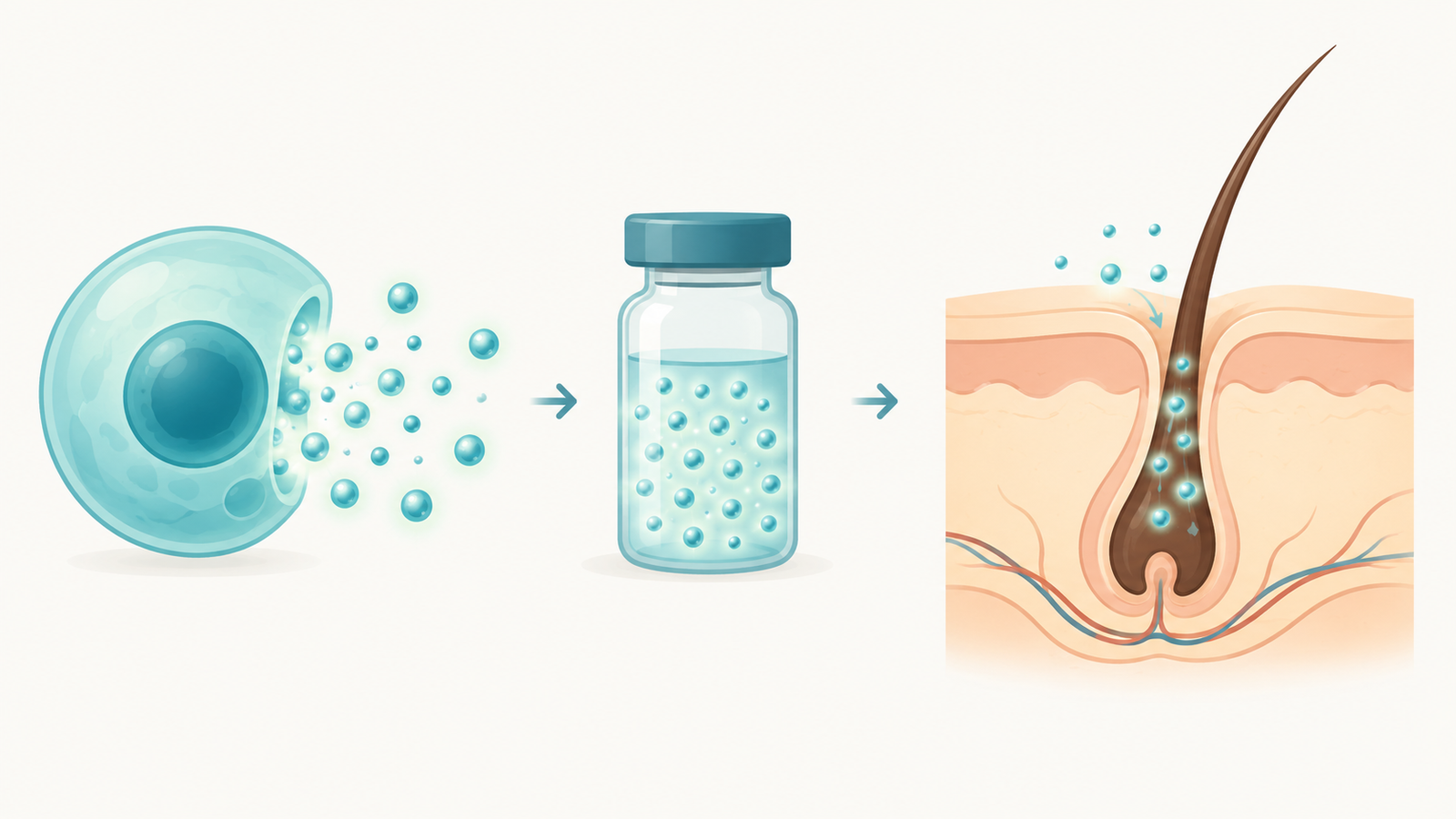 Illustration of tiny exosome particles released from a stem cell reaching a scalp hair follicle