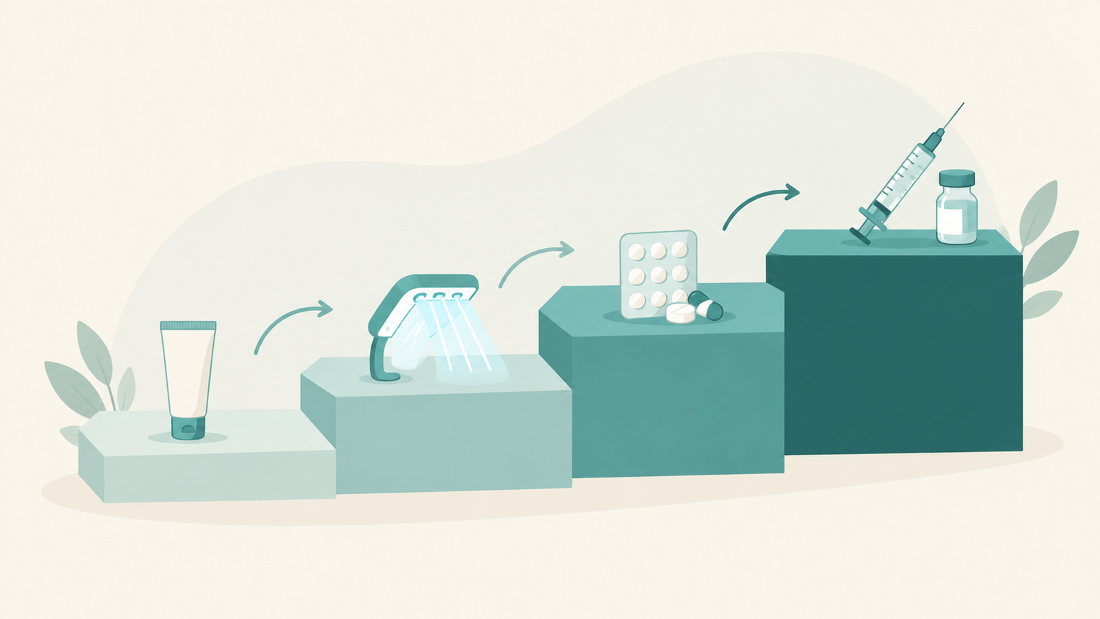 Illustration of the psoriasis treatment ladder from creams to light therapy, tablets and injections