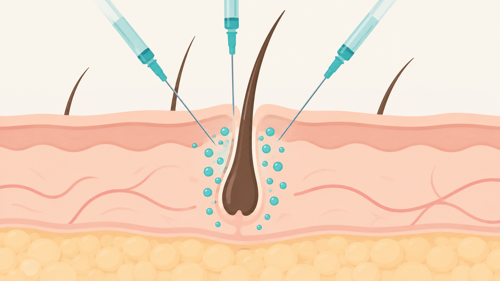Illustration of the steps of a mesotherapy session from scalp check to injections to follow-up