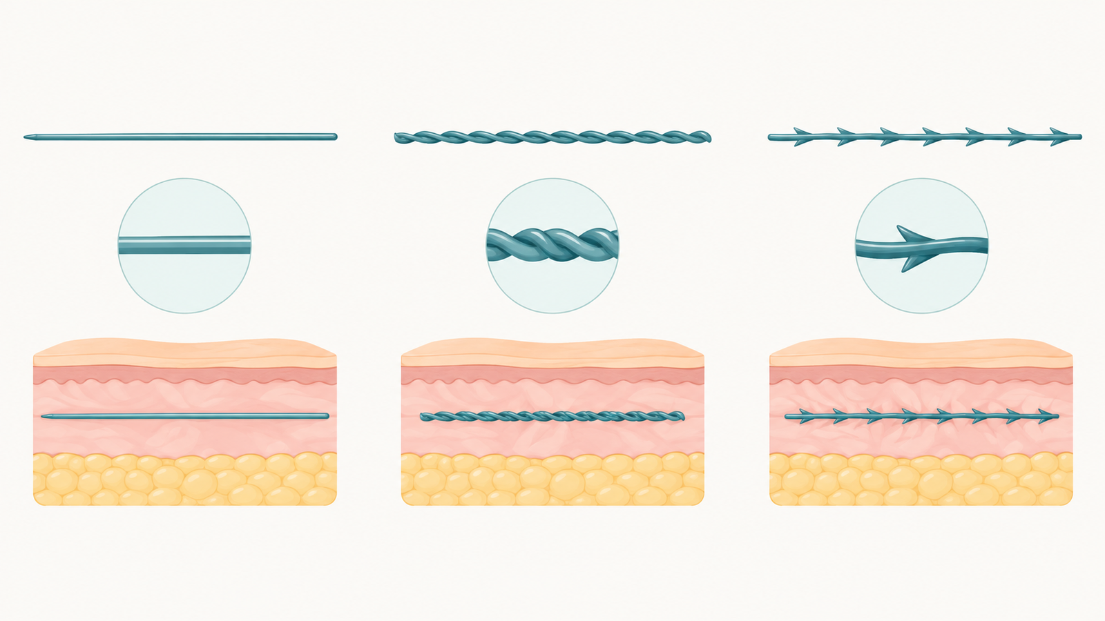 Illustration of smooth, coil and barbed thread types used in a thread lift