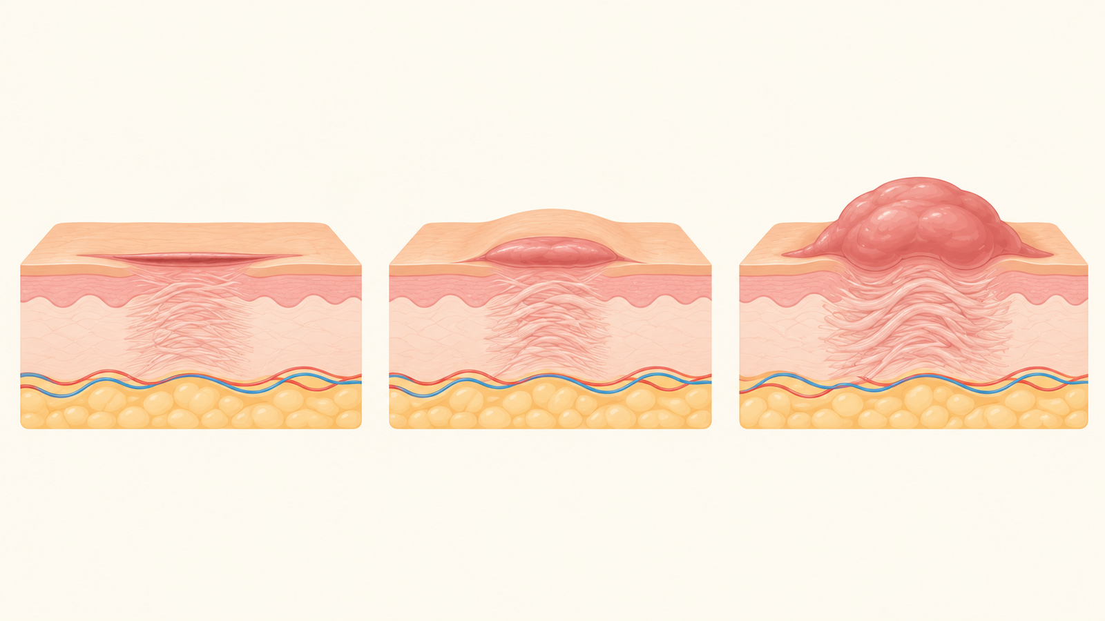 Illustration comparing a flat scar, a raised scar and a keloid that grows beyond the wound edges