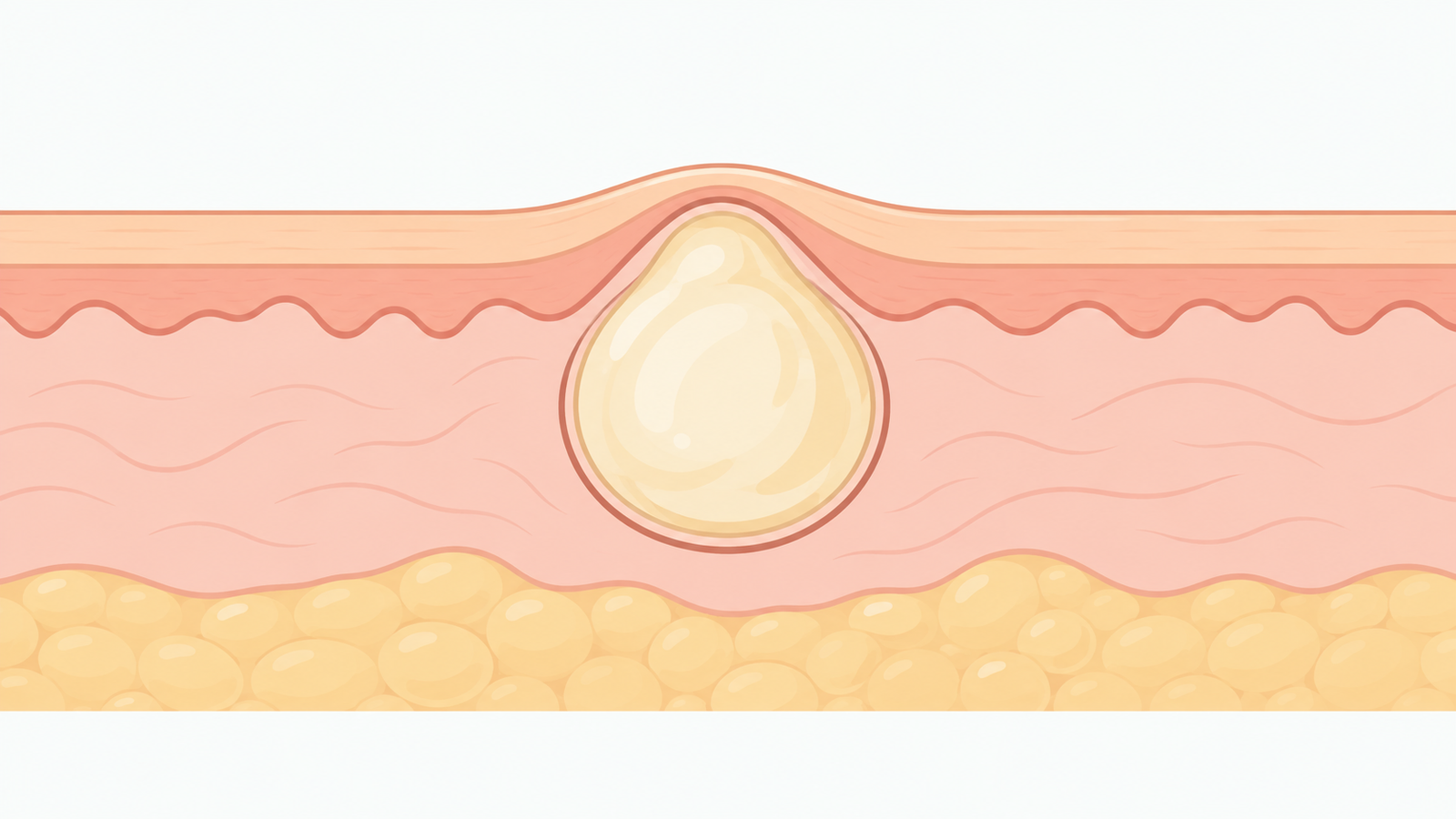 Illustration showing the sac structure of a skin cyst beneath the surface