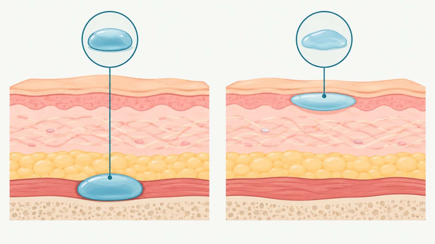 Illustration comparing how firmer and softer dermal fillers are placed at different depths in the skin