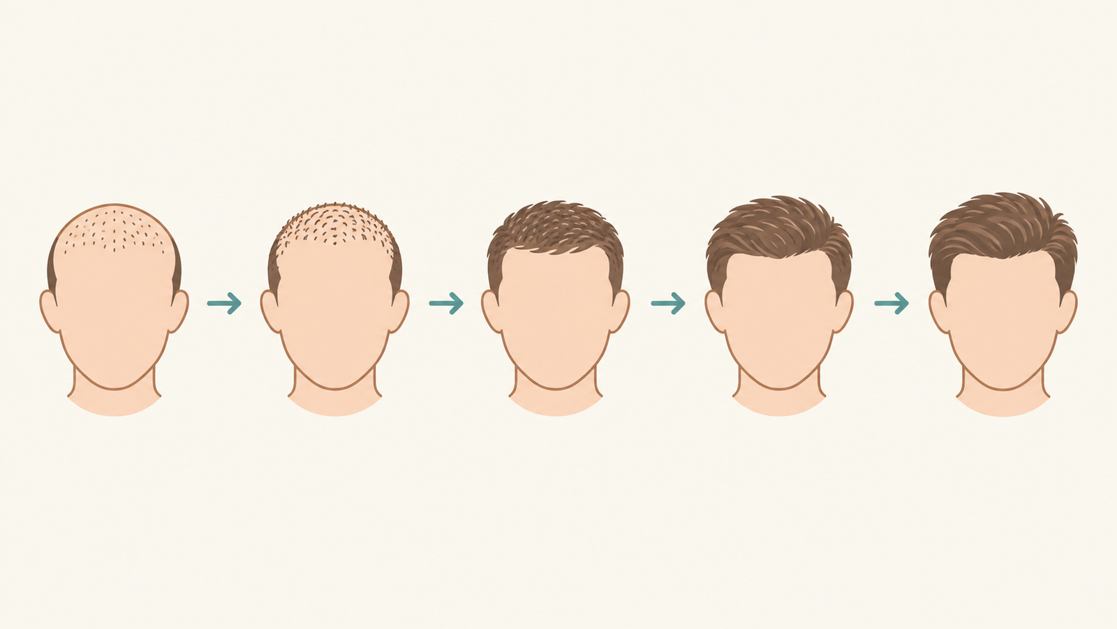 Illustration showing hair density increasing gradually over the months after an FUE hair transplant