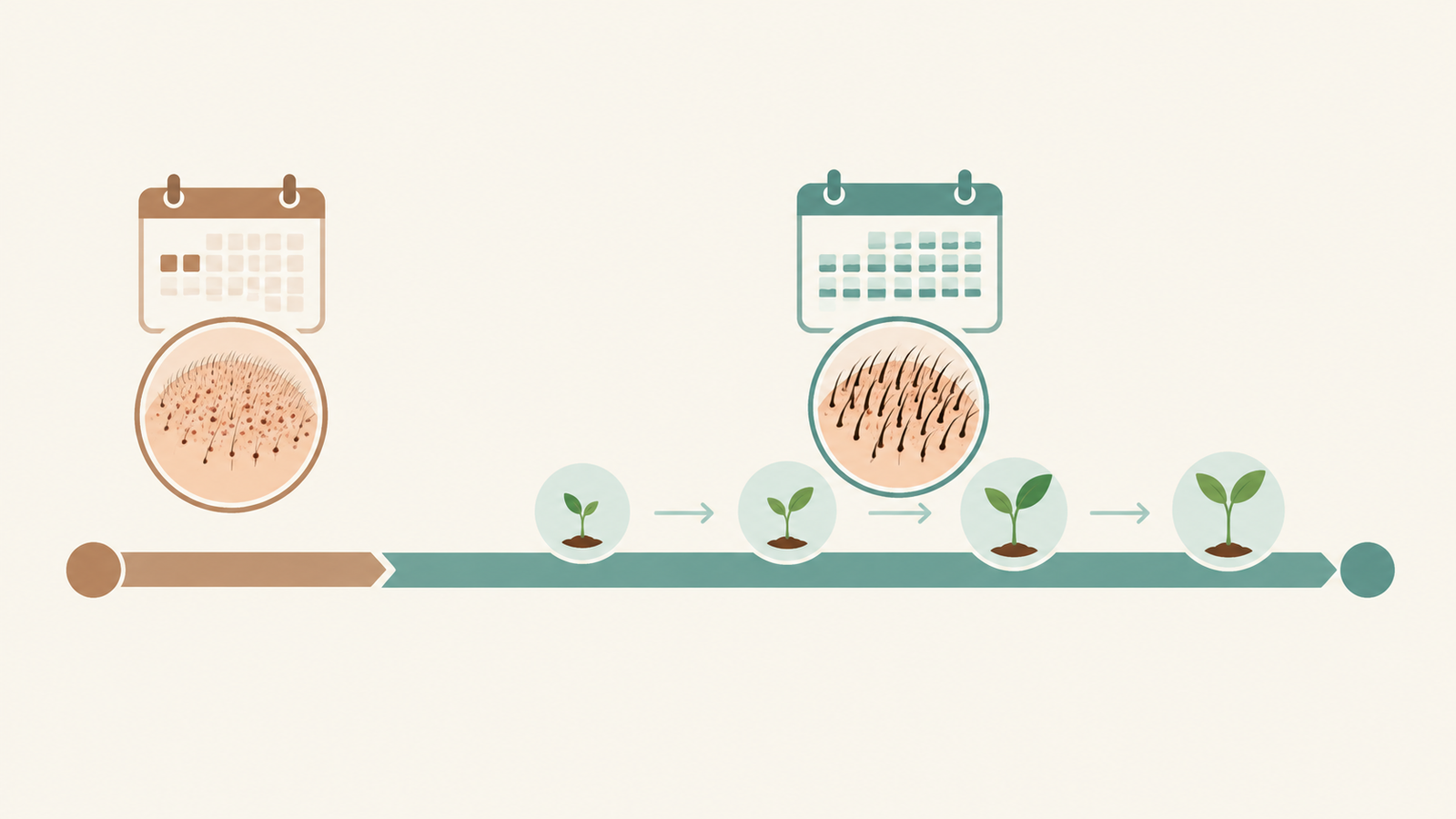 llustration showing the two phases of FUE hair transplant recovery, early healing followed by long-term hair growth