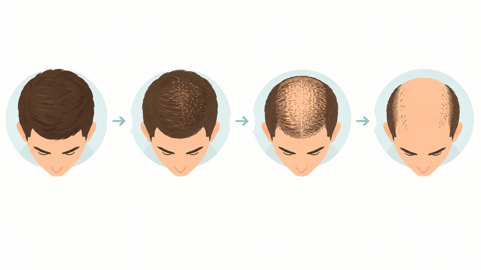 Illustration showing the progression of hair loss from mild to advanced stages