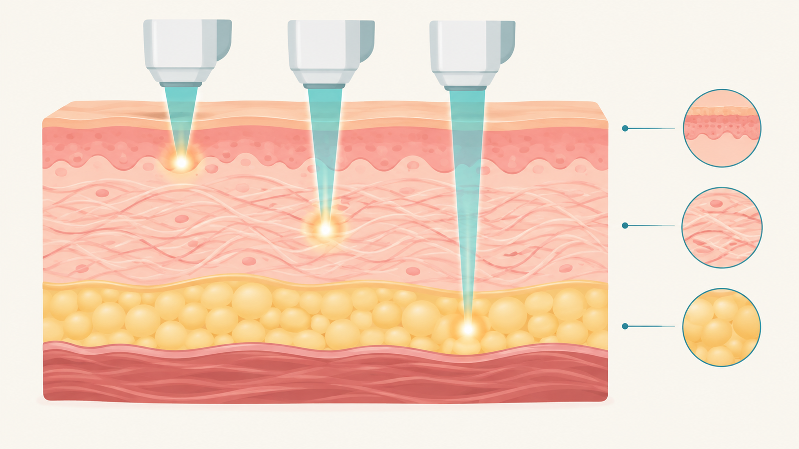 Illustration showing how HIFU treatment focuses ultrasound energy at different depths beneath the skin