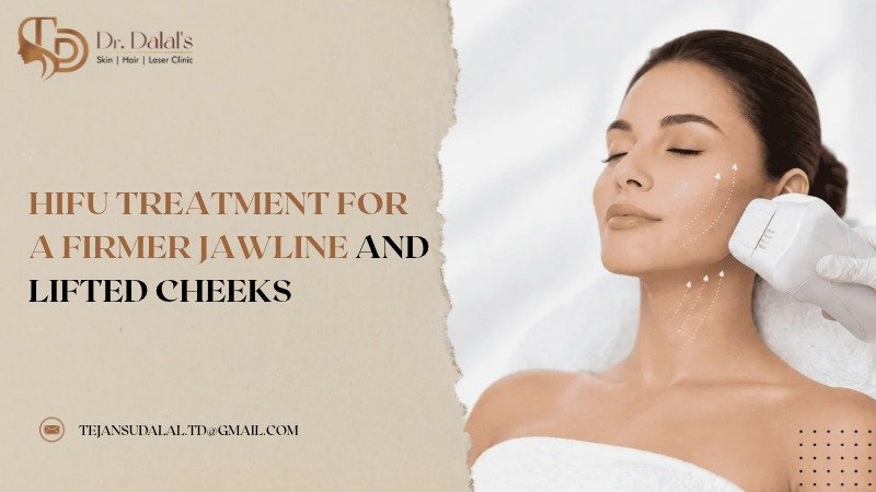 Woman receiving HIFU treatment along the jawline to lift and tighten facial skin