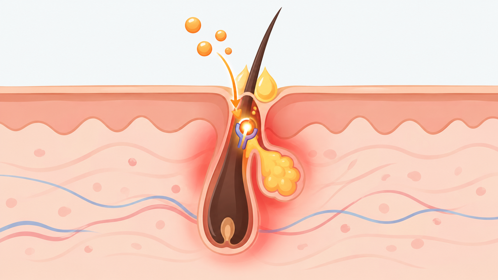 Illustration showing how skin follicle receptors respond to hormones in hormonal acne