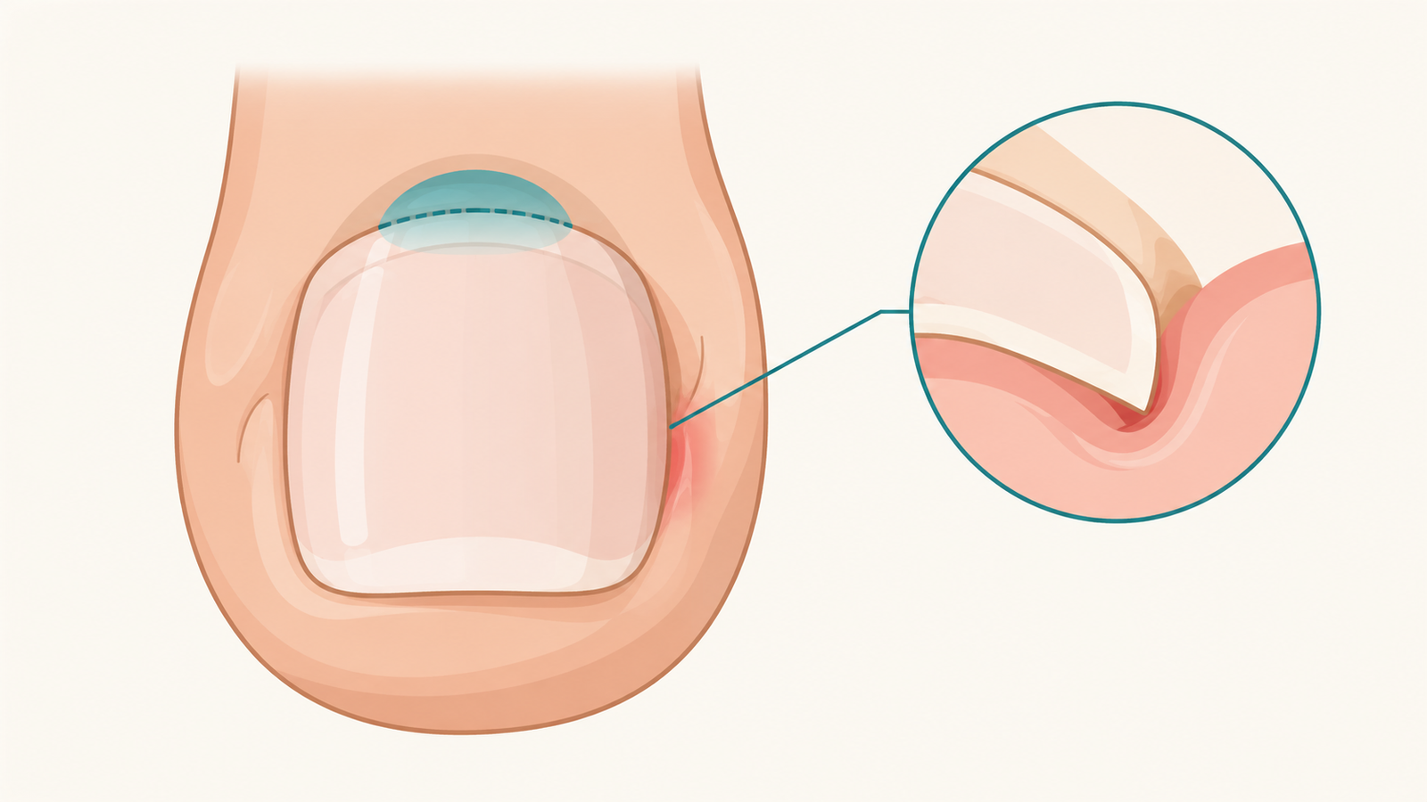 Illustration showing how the edge of a toenail presses into the skin fold in an ingrown toenail