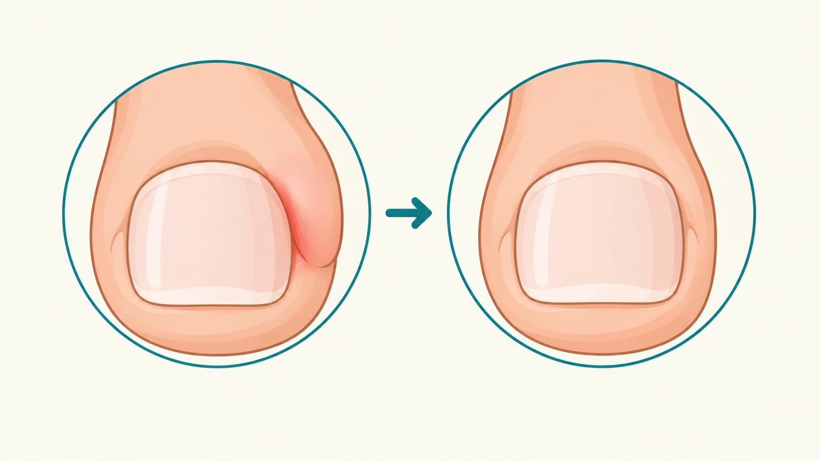 Illustration showing how reducing the overgrown skin fold relieves pressure on an ingrown toenail
