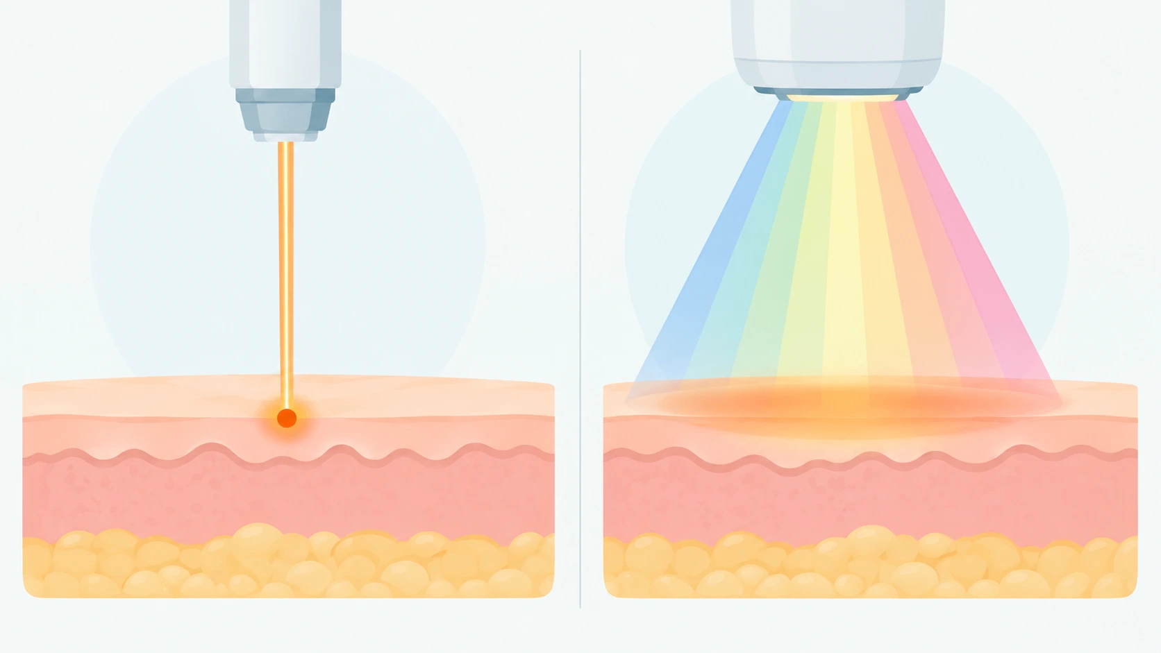 Illustration comparing a focused single-wavelength laser beam to the broader spread of IPL light