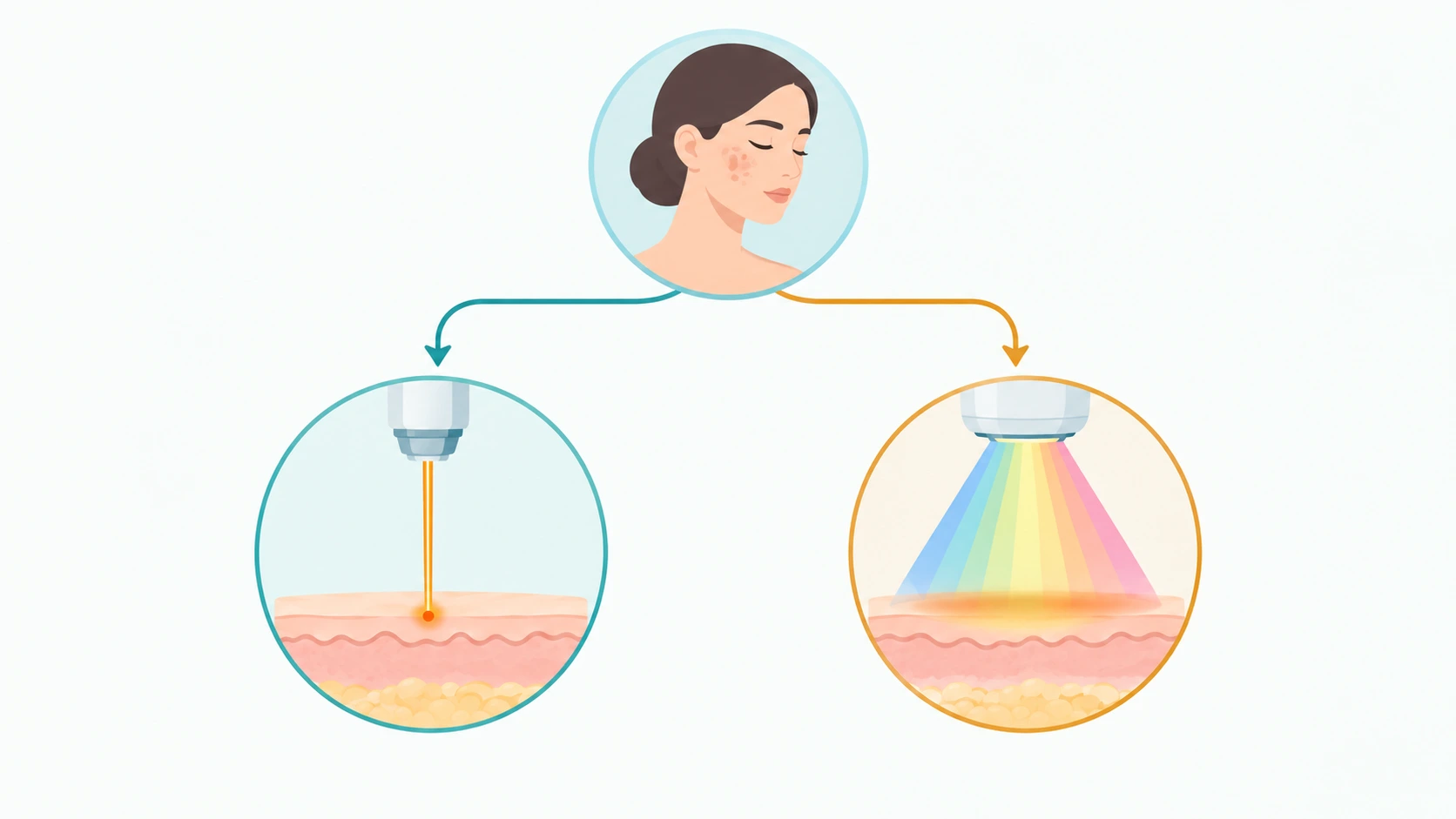 Flowchart illustration showing how a skin concern is matched to either a focused laser or broader IPL treatment