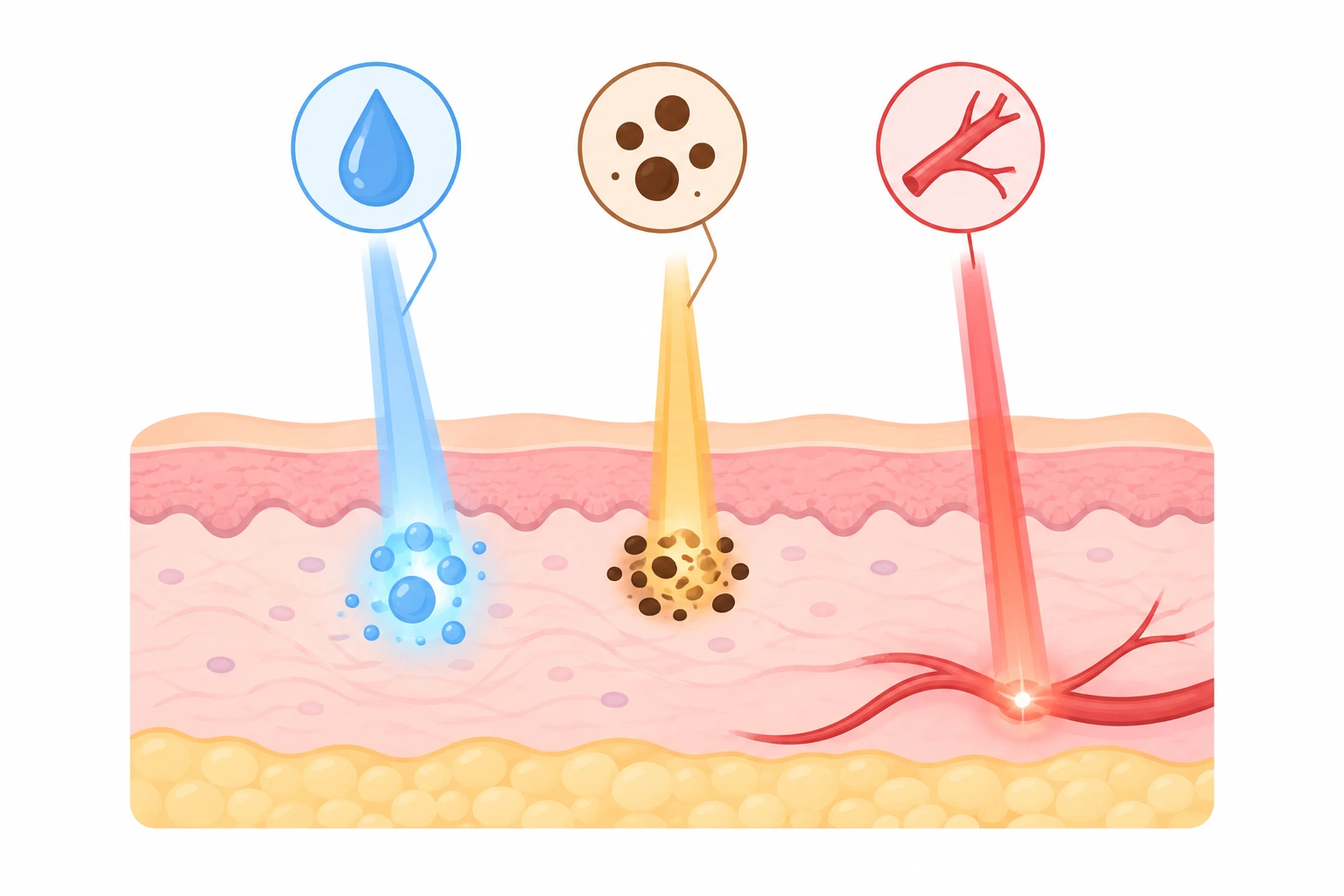 Diagram showing how different laser wavelengths target water, melanin, and blood vessels in the skin