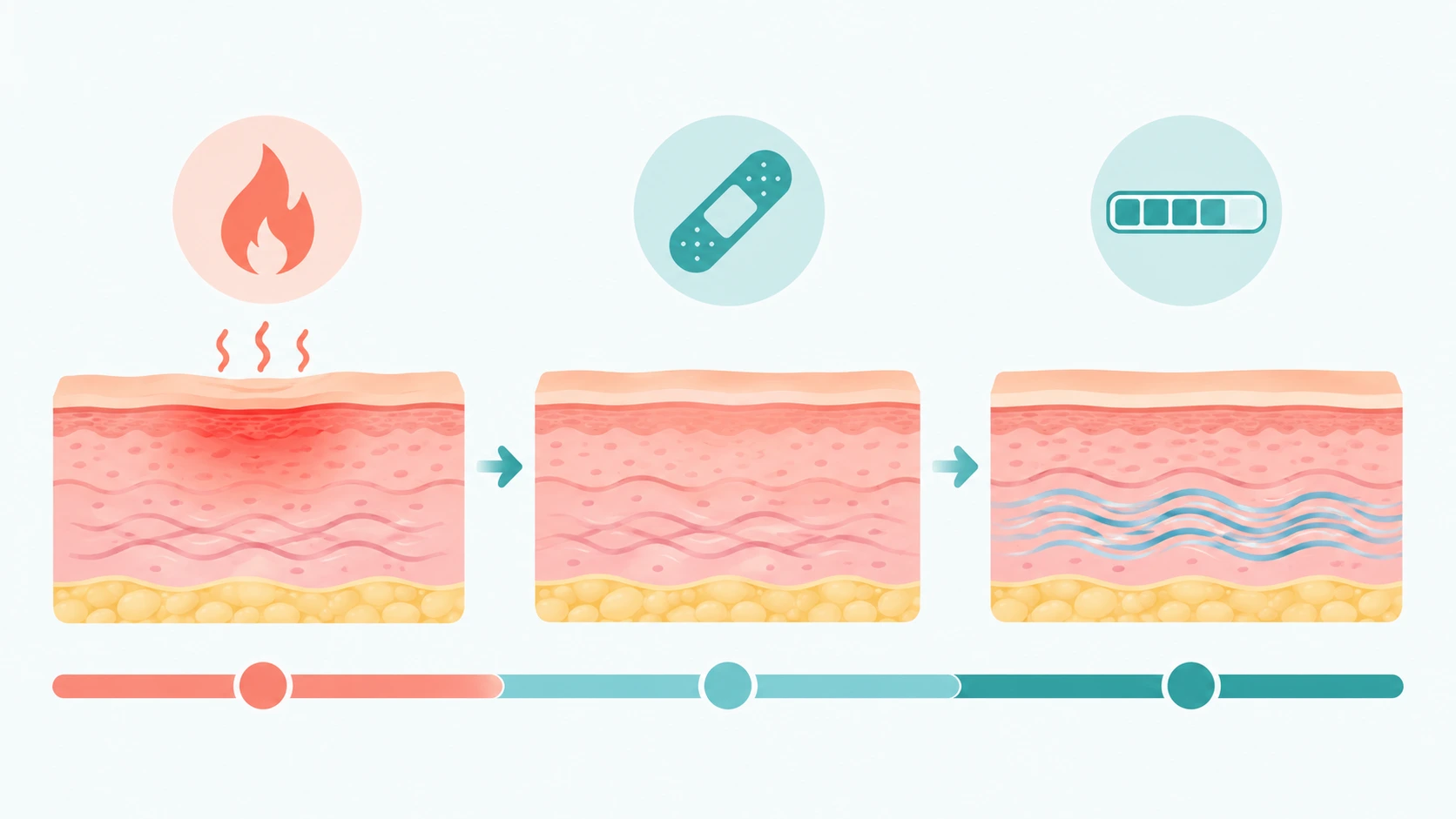 Timeline illustration showing the three stages of laser resurfacing recovery