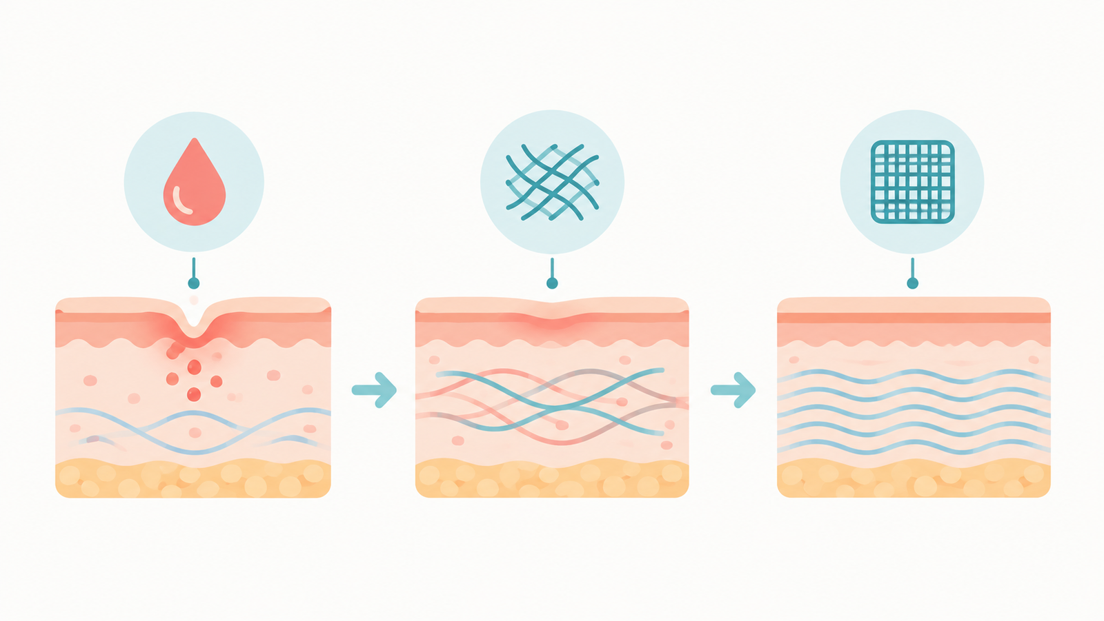 Timeline illustration showing the three stages of skin healing after microneedling